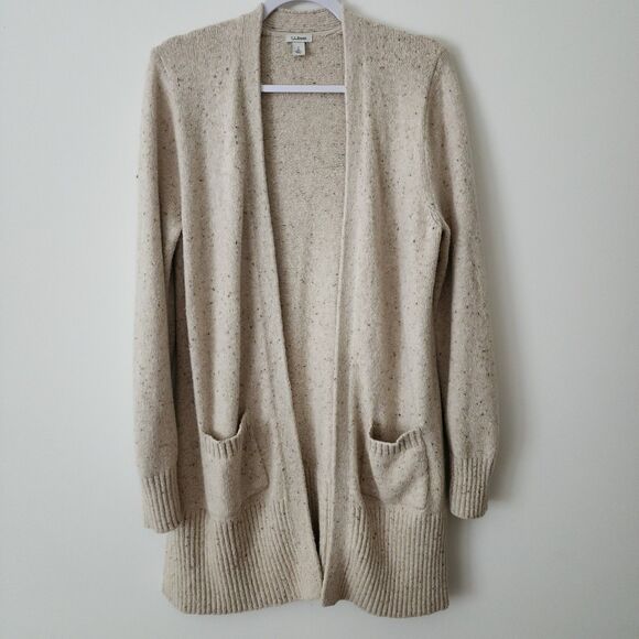 LL Bean Womens Knit Long Open Cardigan Sweater Cotton Wool Blend Oatmeal Beige S - Picture 1 of 9